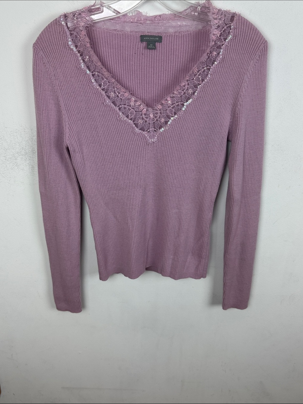 Ann Taylor Dusty Rose Lace & Sequin V-Neck Ribbed Sweater